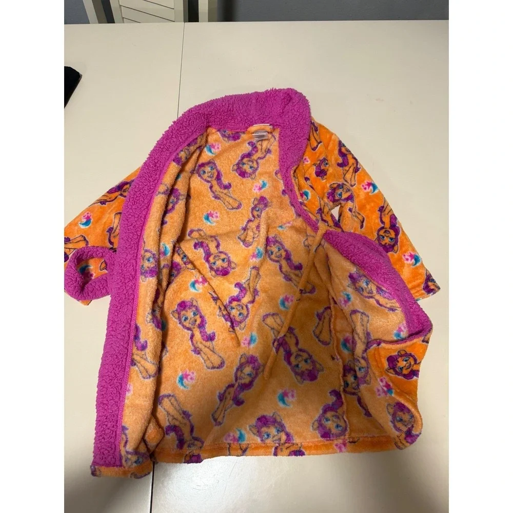 My Little Pony Girls Orange Pink Fleece Bathrobe Size 6 Sherpa Trim Robe